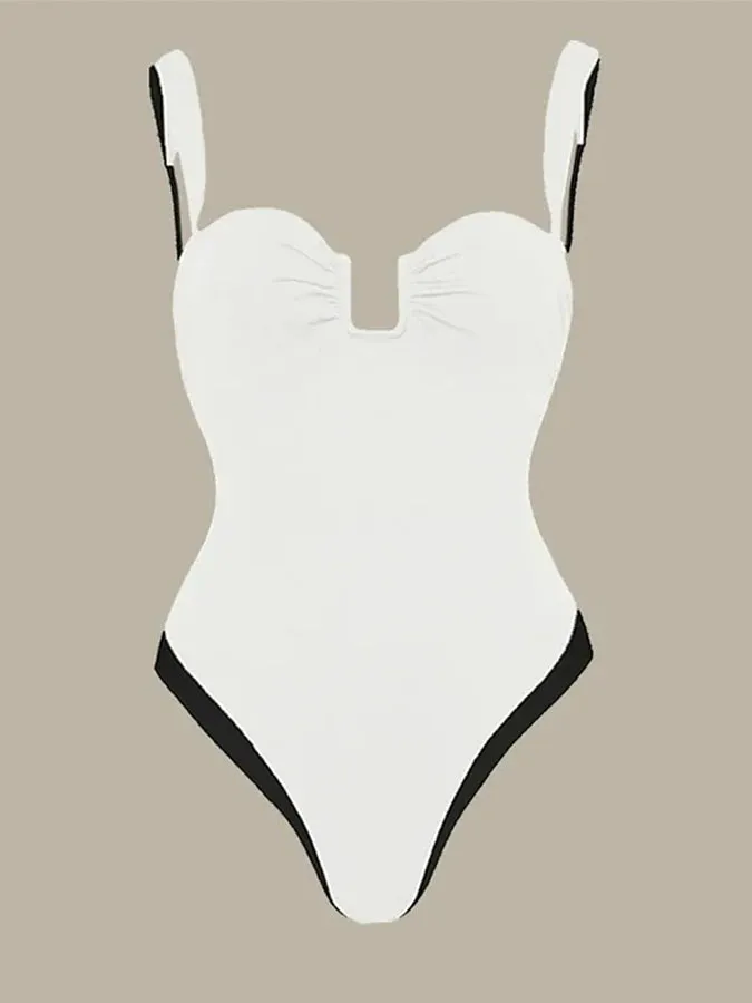 2024 New design colorblock ladies swimwear custom plunge neck one piece swimsuit