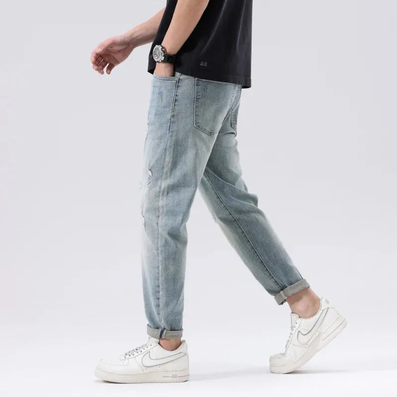 2024 Summer Ripped Jeans For Men Stretch Distressed Male Denim Pants Men's Cropped Pants Light Blue Harem Jeans Hip Hop Patched