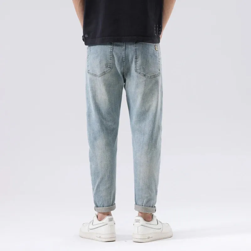 2024 Summer Ripped Jeans For Men Stretch Distressed Male Denim Pants Men's Cropped Pants Light Blue Harem Jeans Hip Hop Patched