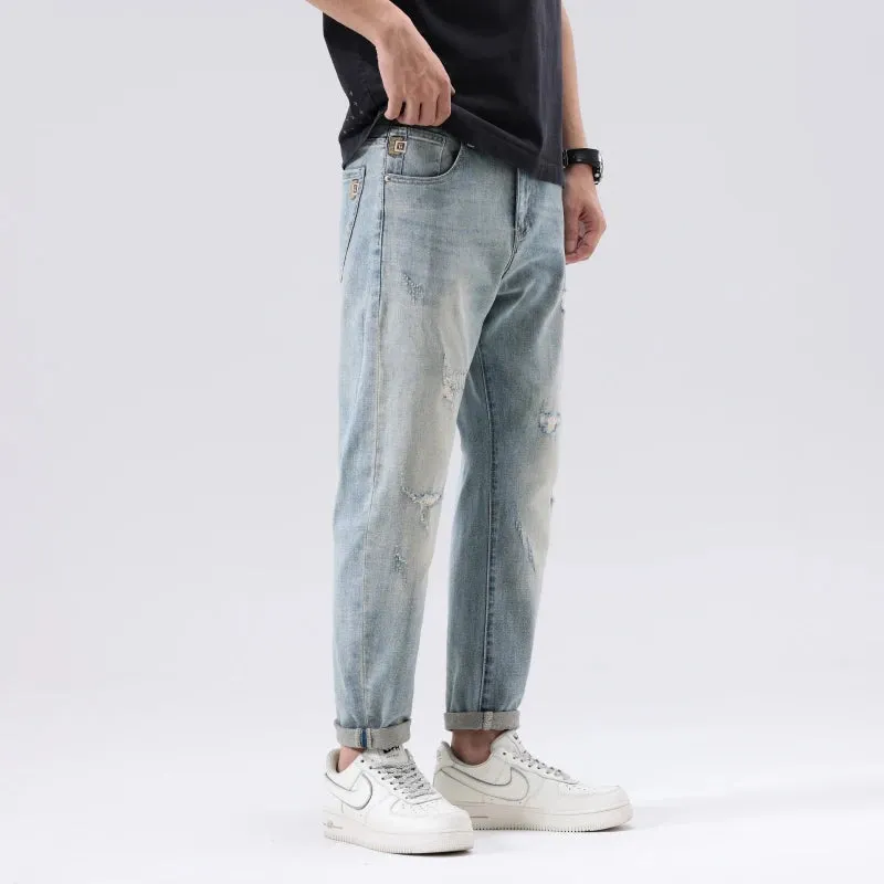 2024 Summer Ripped Jeans For Men Stretch Distressed Male Denim Pants Men's Cropped Pants Light Blue Harem Jeans Hip Hop Patched