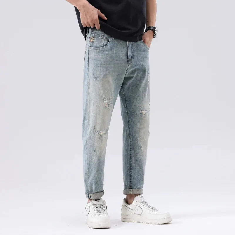 2024 Summer Ripped Jeans For Men Stretch Distressed Male Denim Pants Men's Cropped Pants Light Blue Harem Jeans Hip Hop Patched