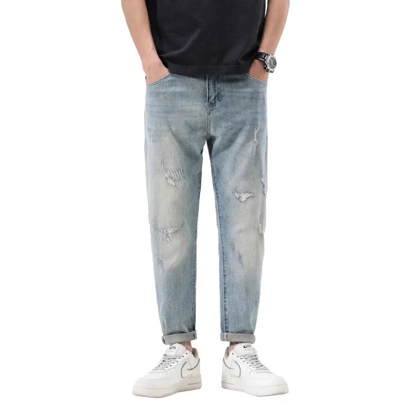 2024 Summer Ripped Jeans For Men Stretch Distressed Male Denim Pants Men's Cropped Pants Light Blue Harem Jeans Hip Hop Patched