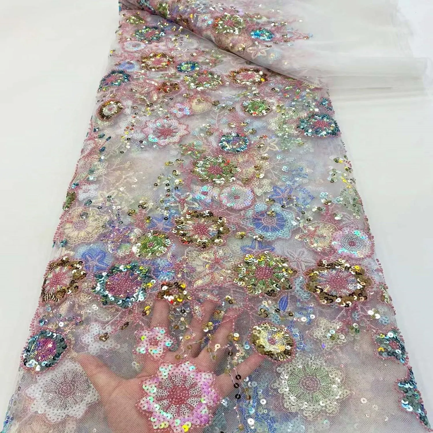 5 YARDS / 6 COLORS / Rym Cute Pansies Floral Sequin Embroidery Glitter Tulle Mesh LaceParty Prom Bridal Dress Fabric