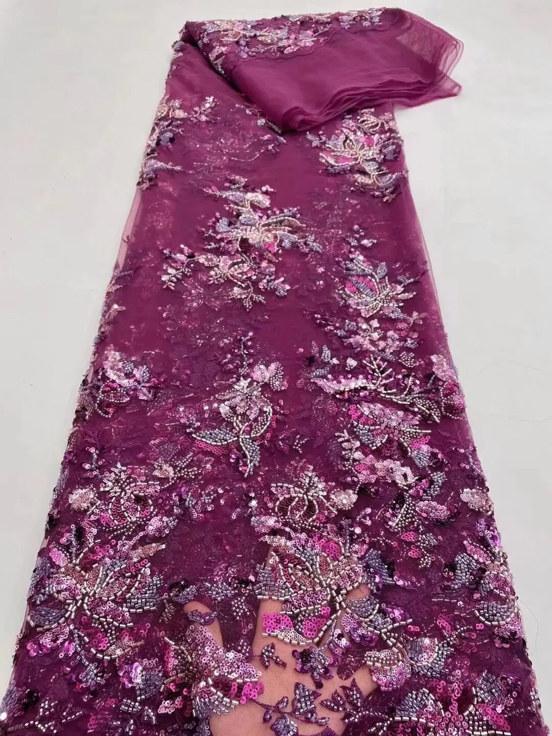 5 YARDS / 7 COLORS / Cesmasio Floral Sequin Beaded Embroidery Tulle Mesh Lace Dress Fabric
