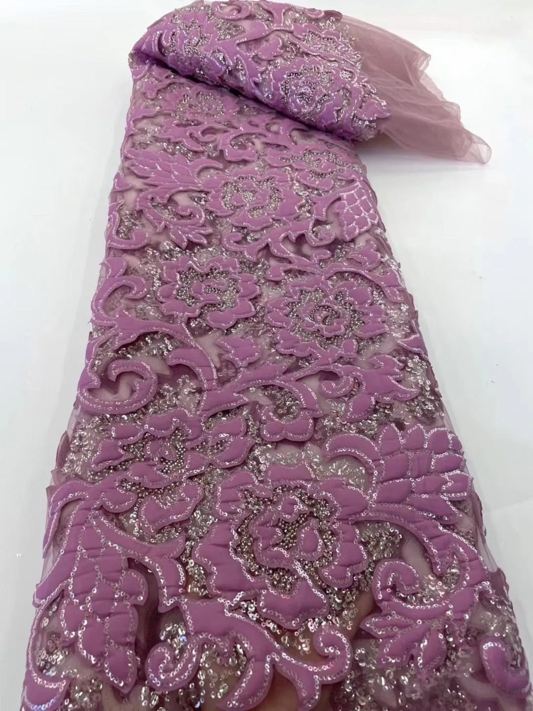 5 YARDS / 8 COLORS / Darine Velvet Outlined Flower Beaded Glitter Embroidery Mesh Lace Wedding Party Prom Bridal Dress Fabric