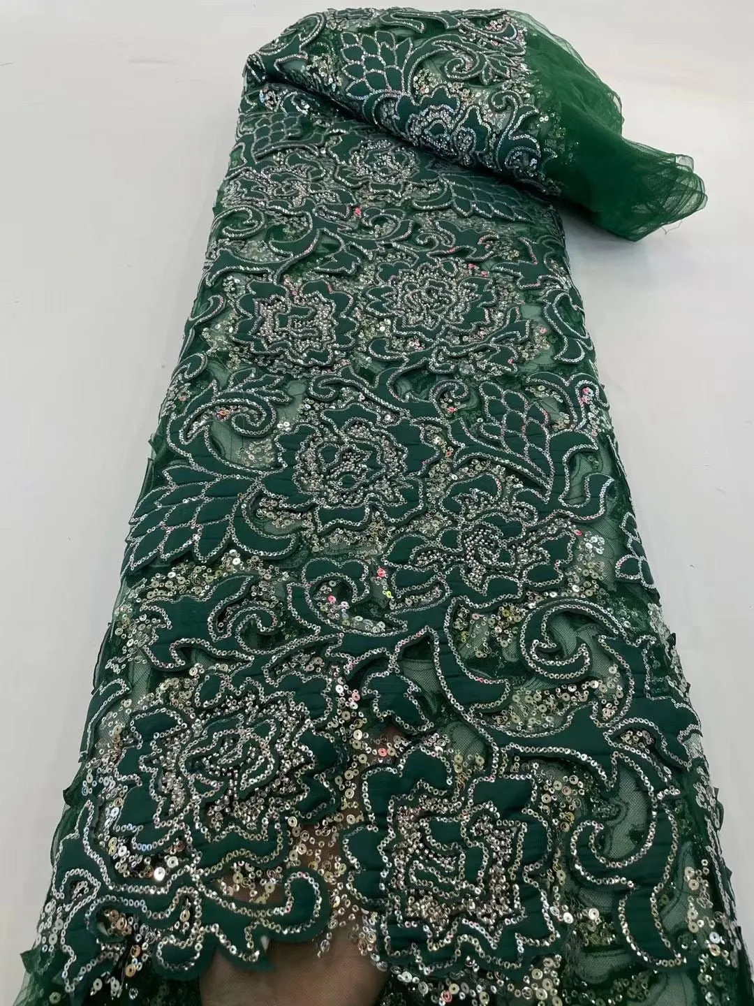 5 YARDS / 8 COLORS / Darine Velvet Outlined Flower Beaded Glitter Embroidery Mesh Lace Wedding Party Prom Bridal Dress Fabric