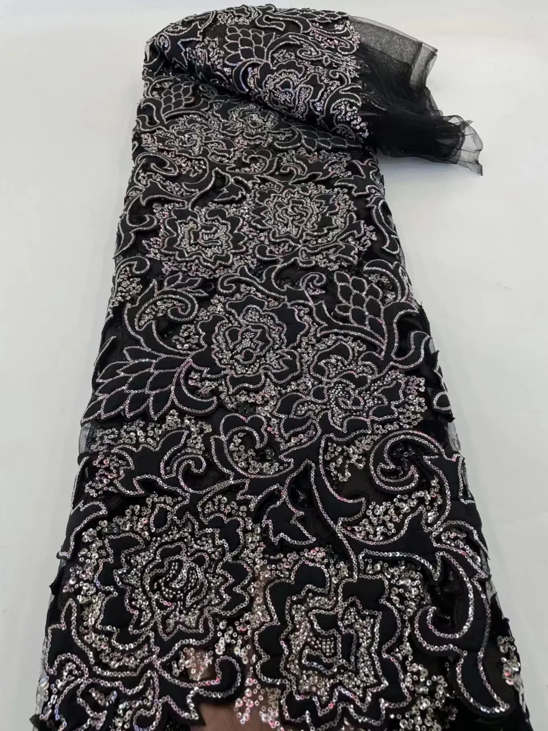 5 YARDS / 8 COLORS / Darine Velvet Outlined Flower Beaded Glitter Embroidery Mesh Lace Wedding Party Prom Bridal Dress Fabric
