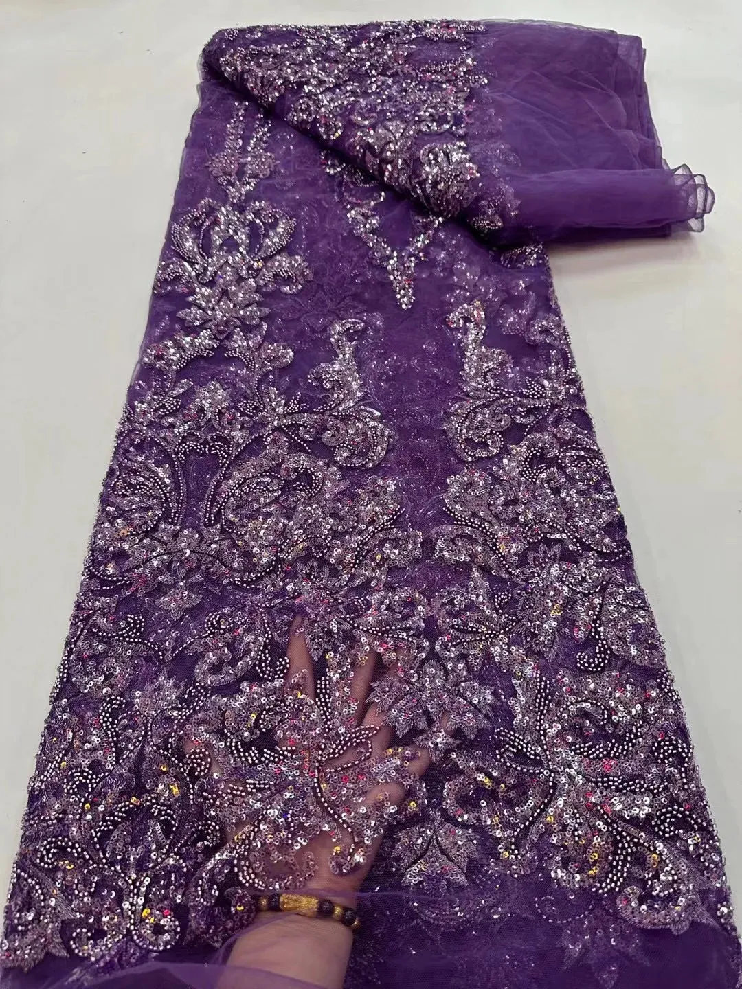 5 YARDS / 9 COLORS / Creasia Floral Sequin Beaded Embroidery Tulle Mesh Lace Dress Fabric