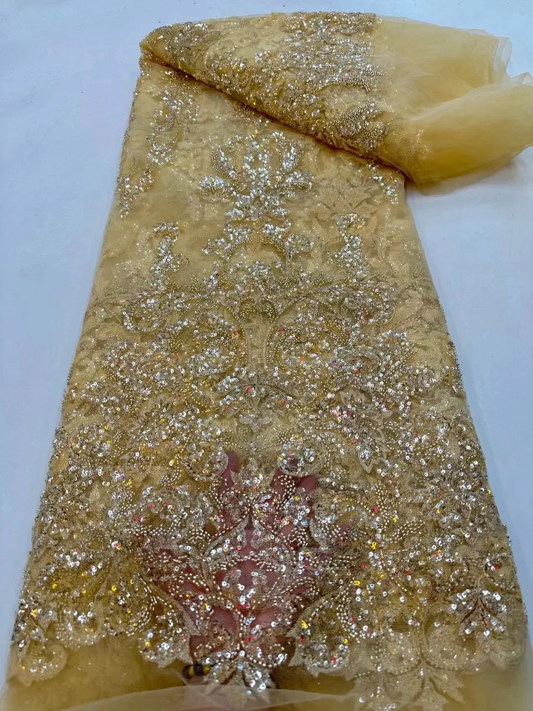 5 YARDS / 9 COLORS / Creasia Floral Sequin Beaded Embroidery Tulle Mesh Lace Dress Fabric