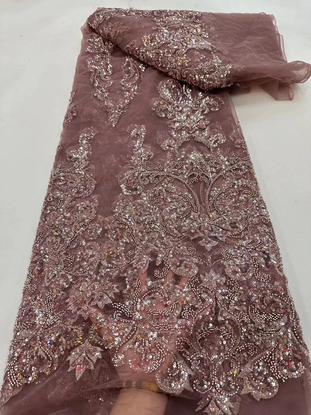 5 YARDS / 9 COLORS / Creasia Floral Sequin Beaded Embroidery Tulle Mesh Lace Dress Fabric