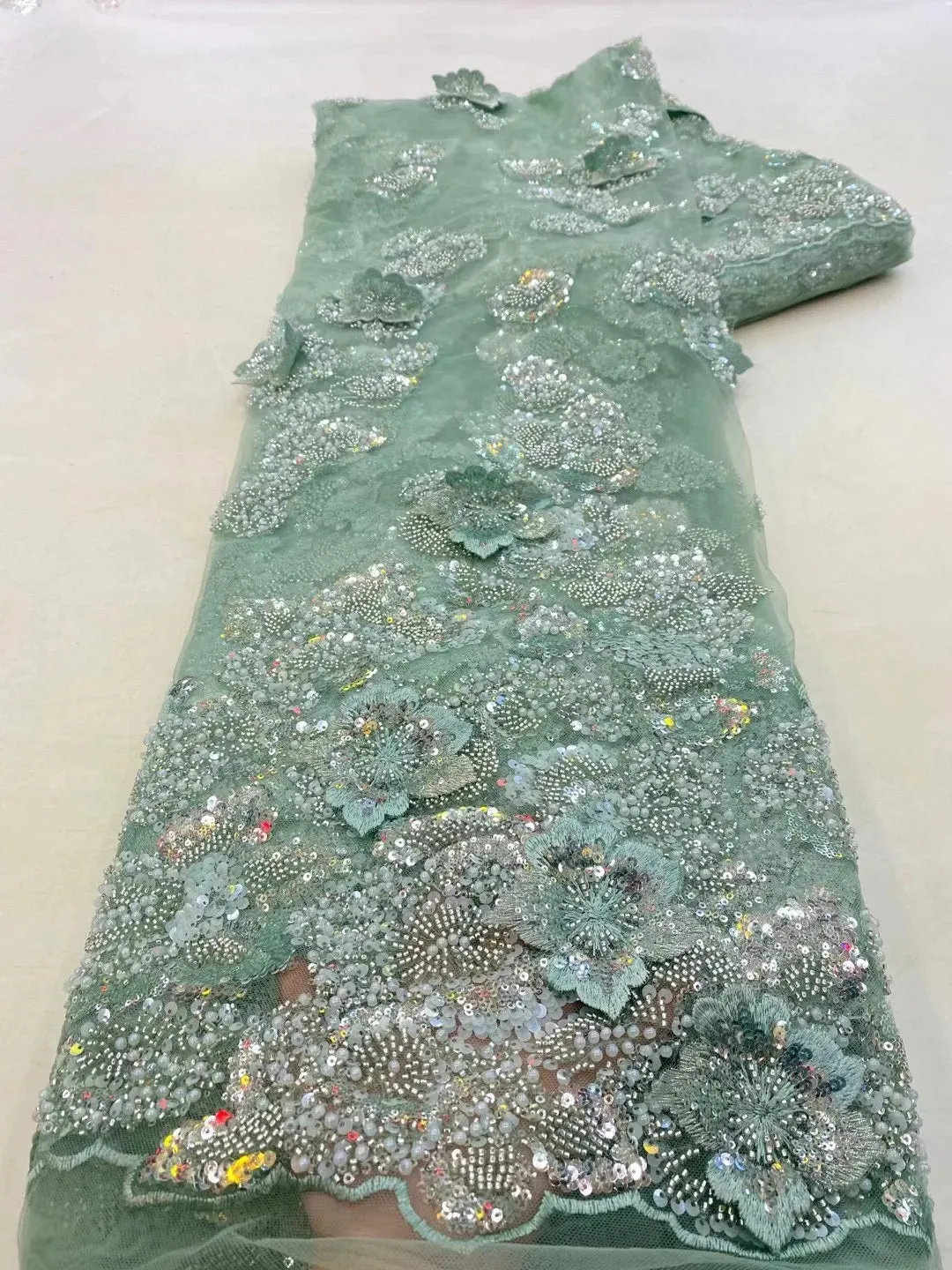 5 YARDS / 9 COLORS / Yelmina Floral Sequin Beaded Embroidery Tulle Mesh Lace Dress Fabric