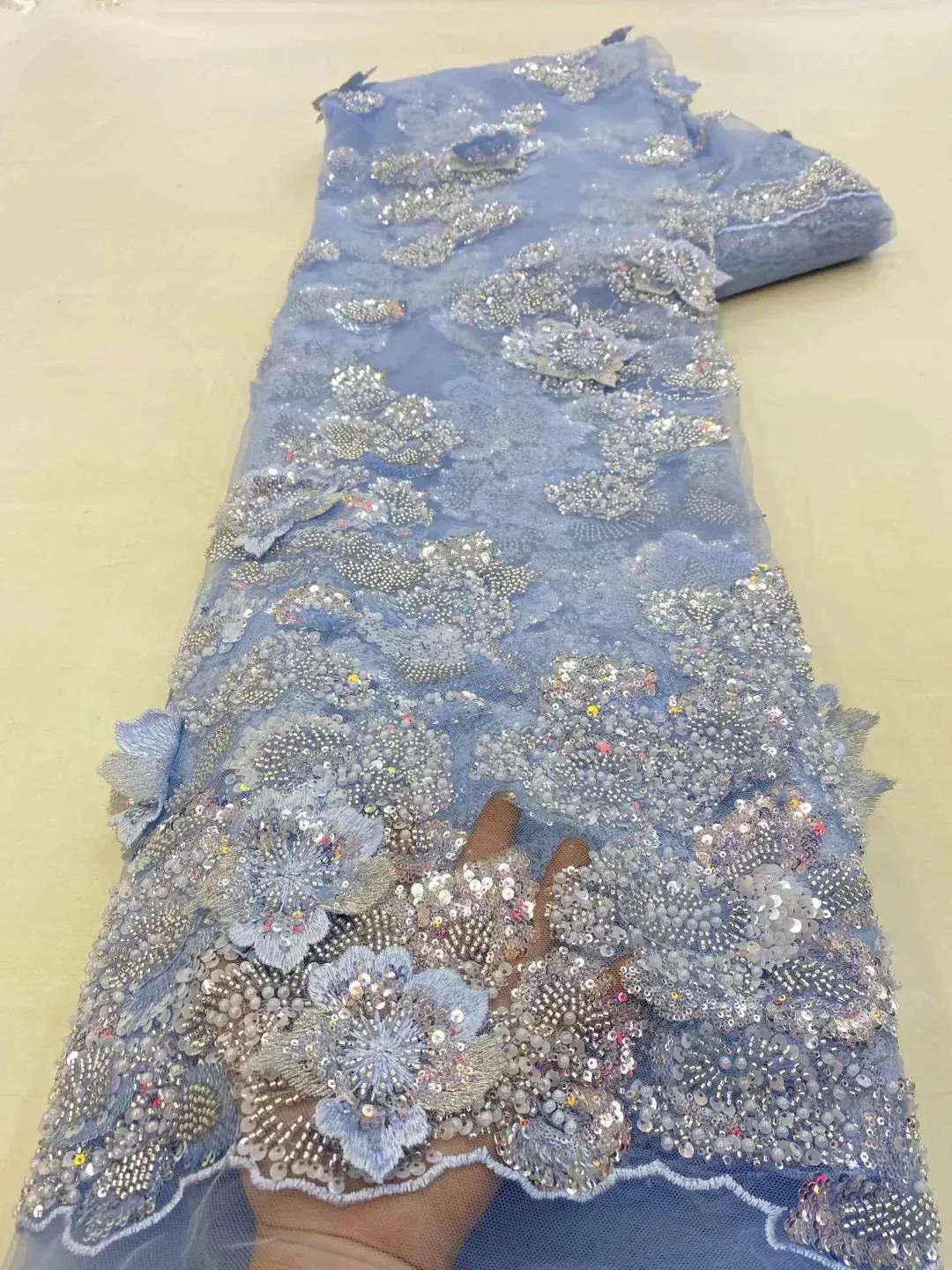 5 YARDS / 9 COLORS / Yelmina Floral Sequin Beaded Embroidery Tulle Mesh Lace Dress Fabric