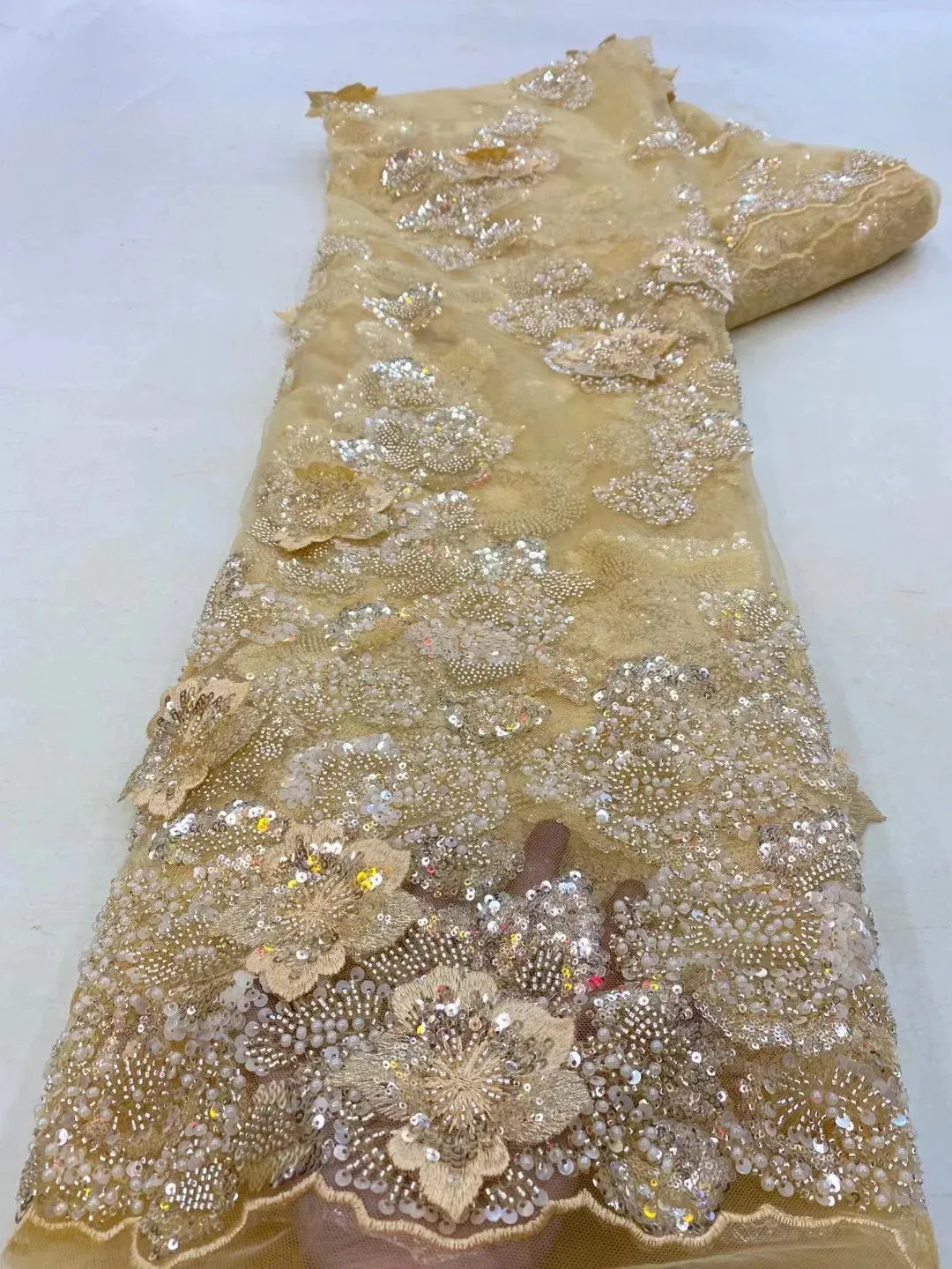 5 YARDS / 9 COLORS / Yelmina Floral Sequin Beaded Embroidery Tulle Mesh Lace Dress Fabric