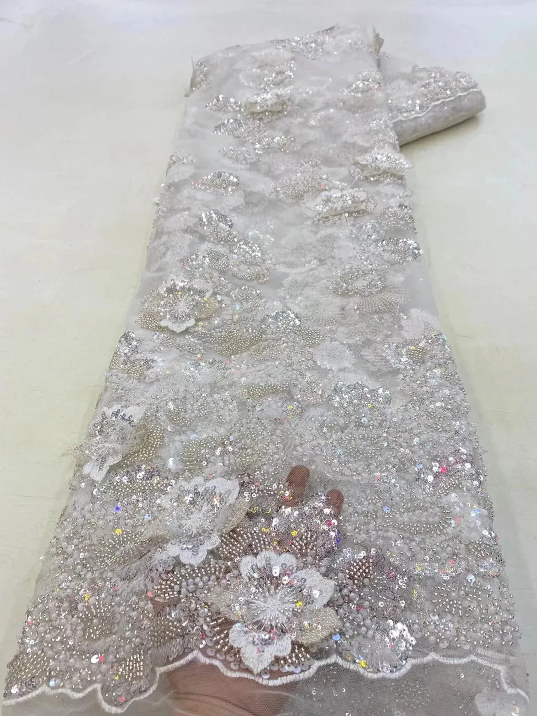 5 YARDS / 9 COLORS / Yelmina Floral Sequin Beaded Embroidery Tulle Mesh Lace Dress Fabric