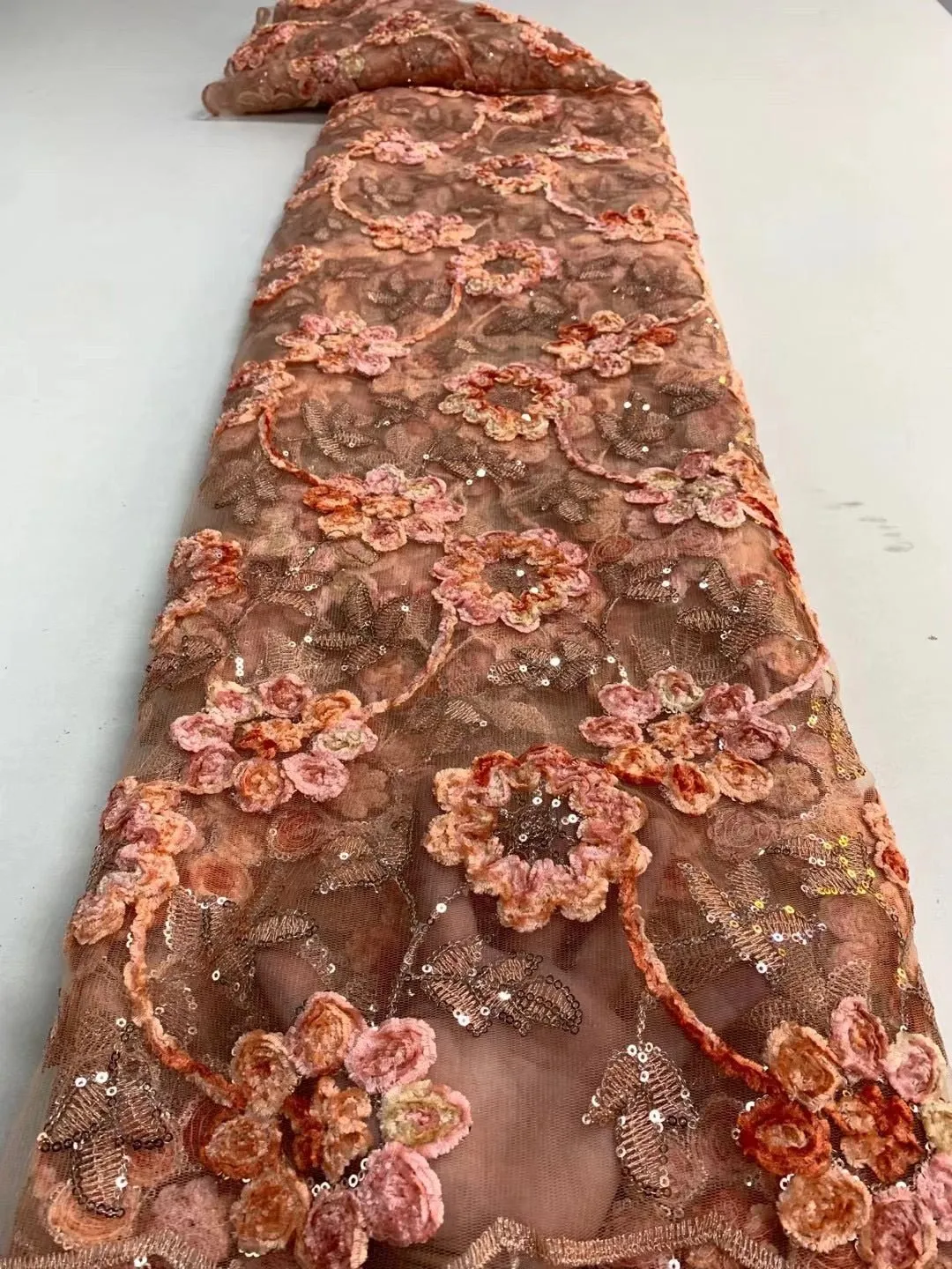 5 YARDS / 9 COLORS / Youna 3D Fuzzy Floral Glitter Sequin Beaded Embroidery Tulle Mesh Lace Party Prom Bridal Dress Fabric