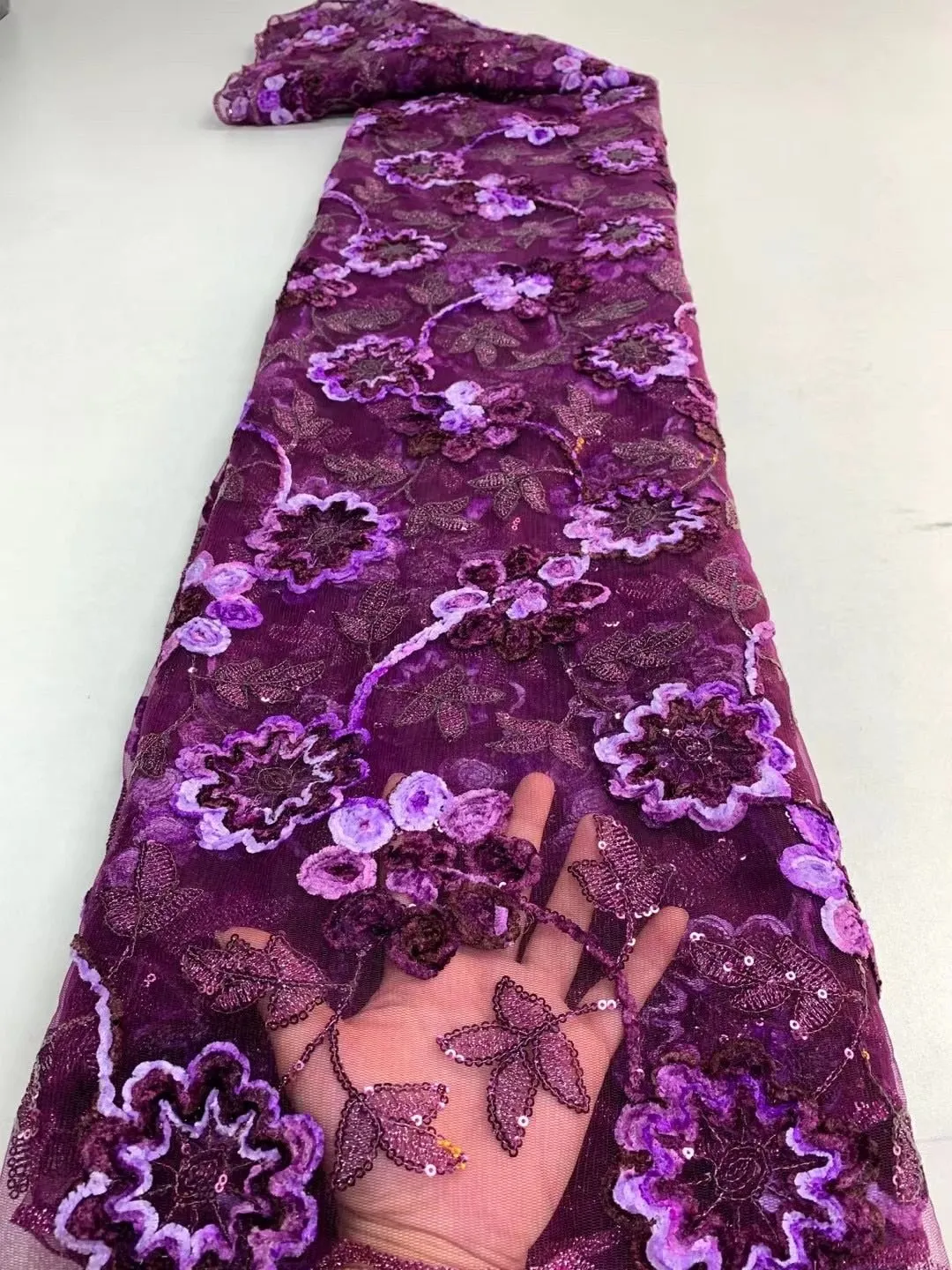 5 YARDS / 9 COLORS / Youna 3D Fuzzy Floral Glitter Sequin Beaded Embroidery Tulle Mesh Lace Party Prom Bridal Dress Fabric