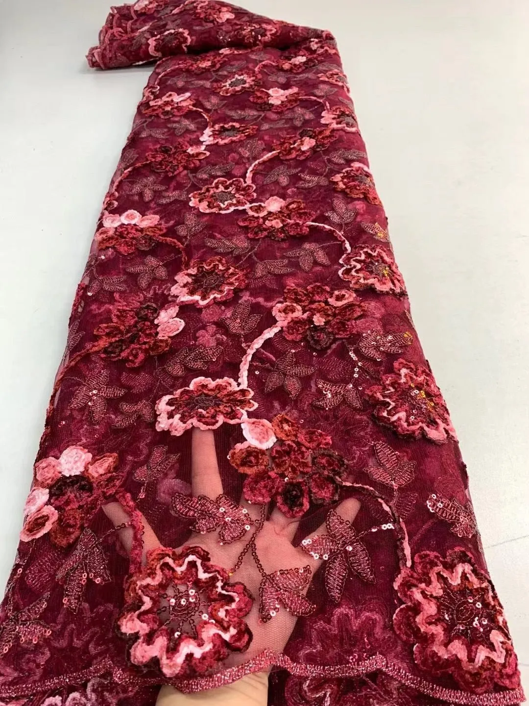 5 YARDS / 9 COLORS / Youna 3D Fuzzy Floral Glitter Sequin Beaded Embroidery Tulle Mesh Lace Party Prom Bridal Dress Fabric