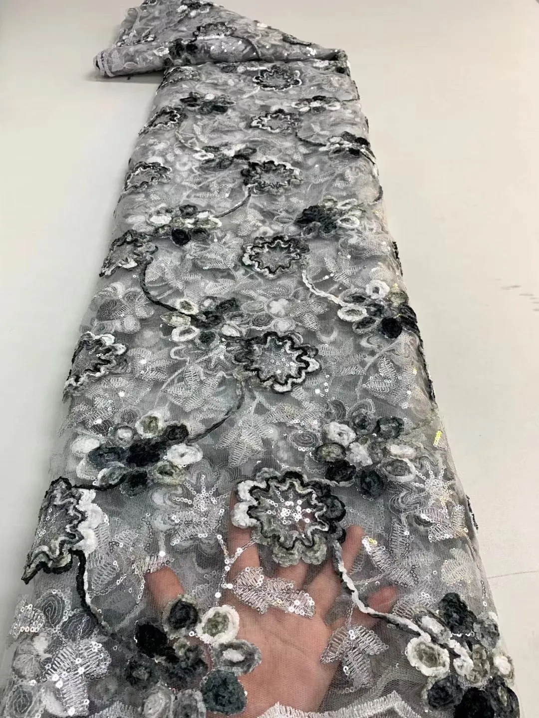 5 YARDS / 9 COLORS / Youna 3D Fuzzy Floral Glitter Sequin Beaded Embroidery Tulle Mesh Lace Party Prom Bridal Dress Fabric
