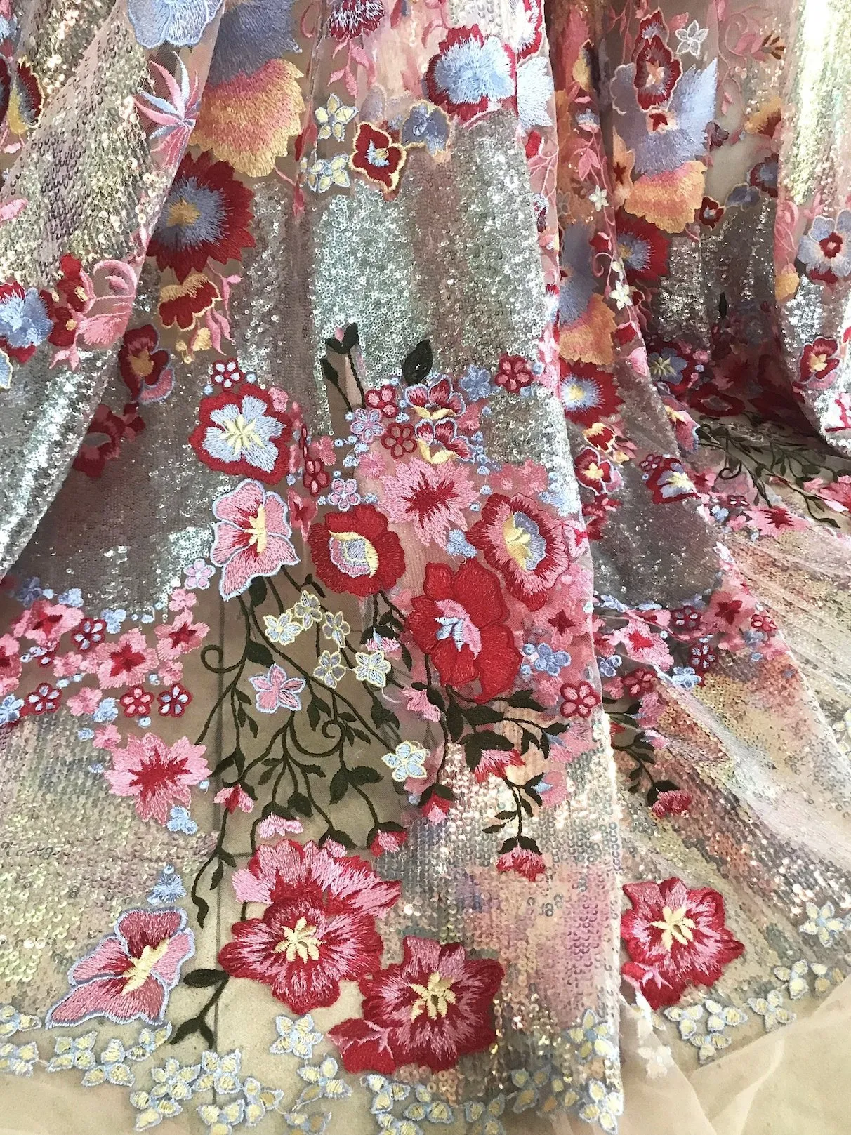 5 YARDS / Meryl Iridescent Red Pink Multi Color Floral Embroidery Sequin Tulle Mesh LaceParty Prom Bridal Dress Fabric