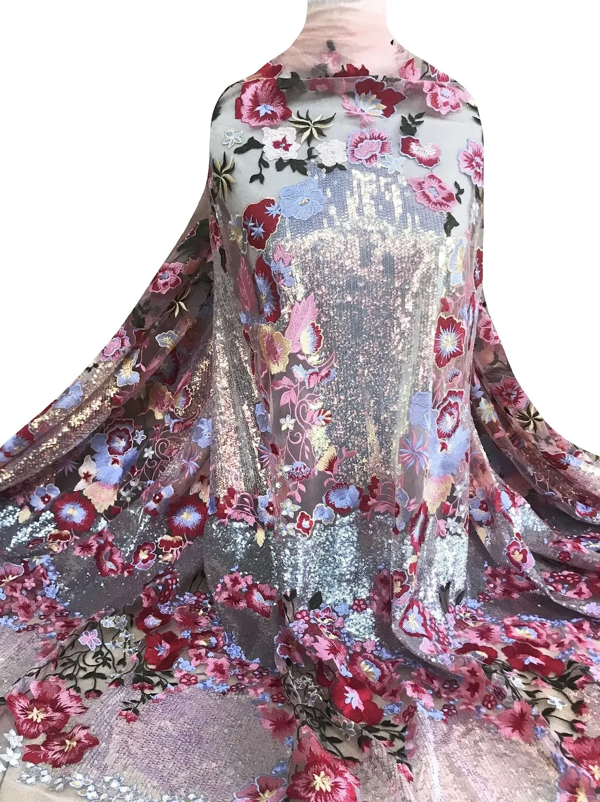 5 YARDS / Meryl Iridescent Red Pink Multi Color Floral Embroidery Sequin Tulle Mesh LaceParty Prom Bridal Dress Fabric