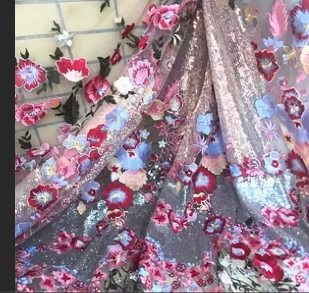 5 YARDS / Meryl Iridescent Red Pink Multi Color Floral Embroidery Sequin Tulle Mesh LaceParty Prom Bridal Dress Fabric