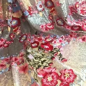 5 YARDS / Meryl Iridescent Red Pink Multi Color Floral Embroidery Sequin Tulle Mesh LaceParty Prom Bridal Dress Fabric
