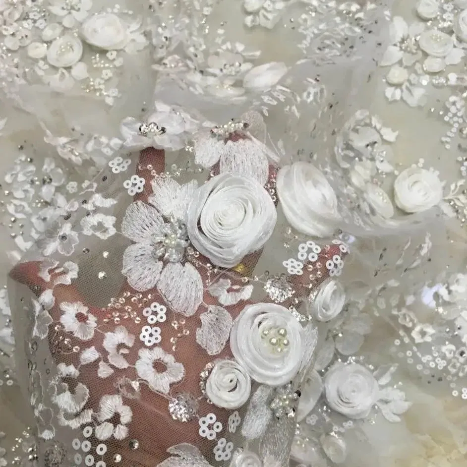 5 YARDS / Nimanthia Floral Sequin Beaded Embroidery Tulle Mesh Lace Dress Fabric