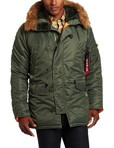 Alpha Industries Men's N-3B Slim-Fit Parka Jacket with Removable Faux-Fur Hood Trim, Sage/Orange, 4X-Large