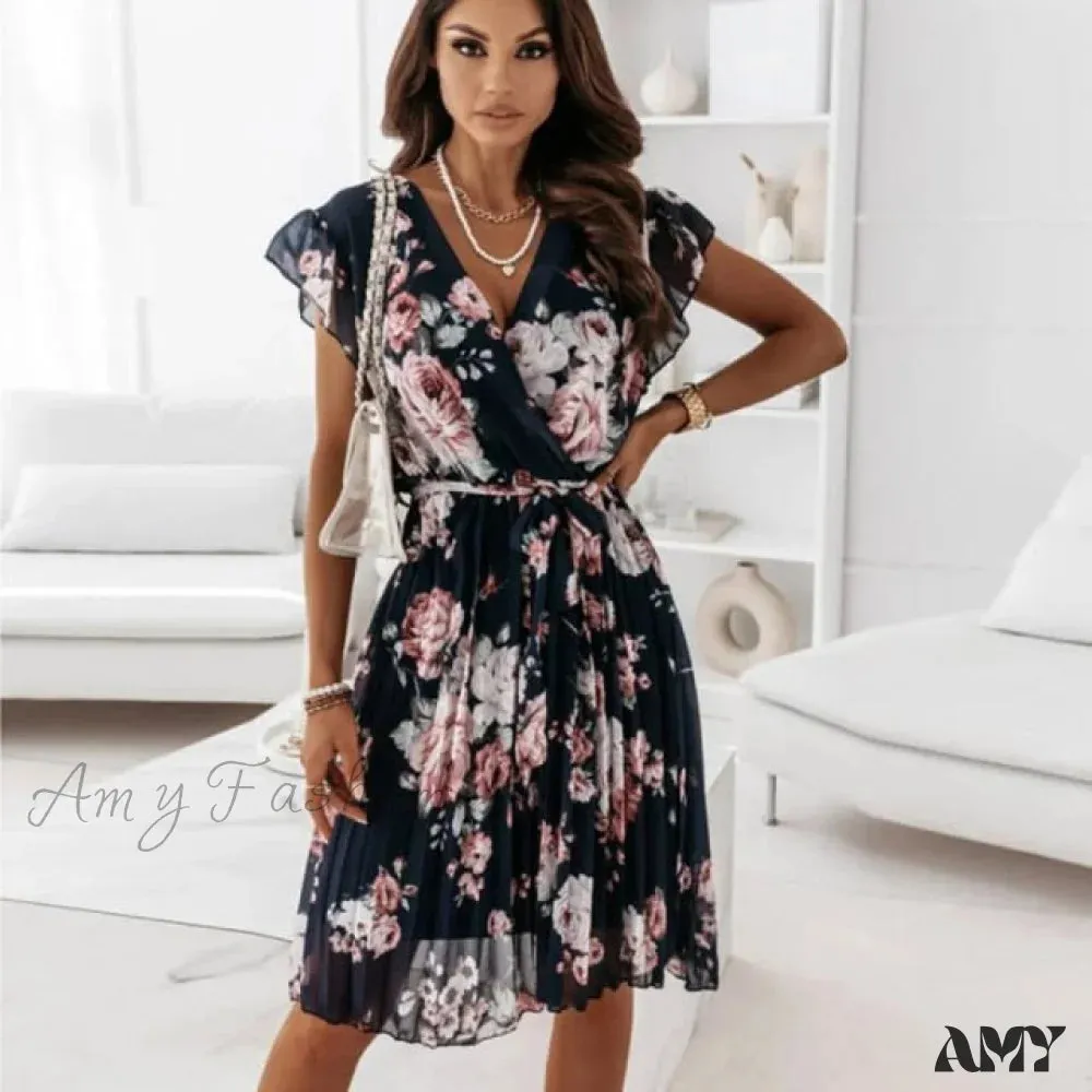 Amy Fashion - Casual Deep V Neck Green Pleated Office Dresses