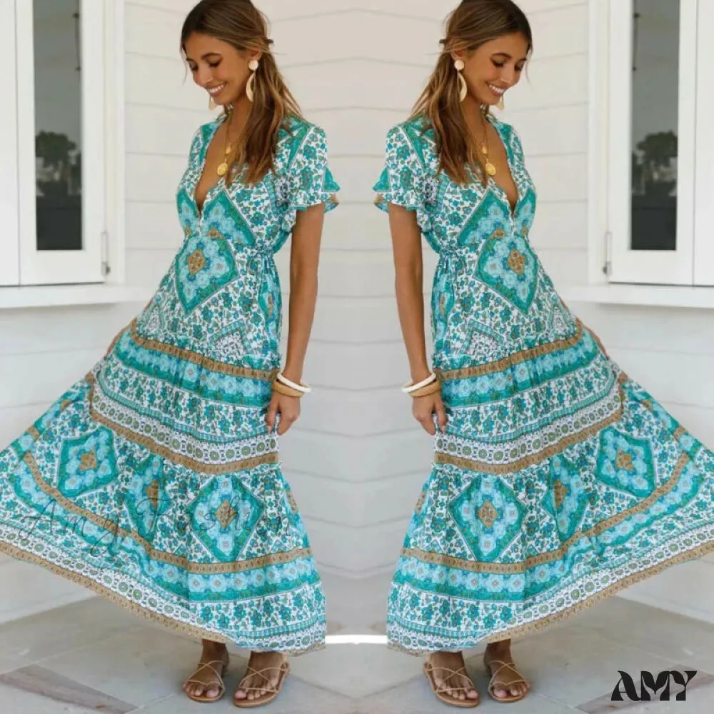 Amy Fashion - Floral Boho V-Neck Elastic Waist Floral Belt Long Dress