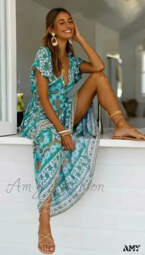 Amy Fashion - Floral Boho V-Neck Elastic Waist Floral Belt Long Dress