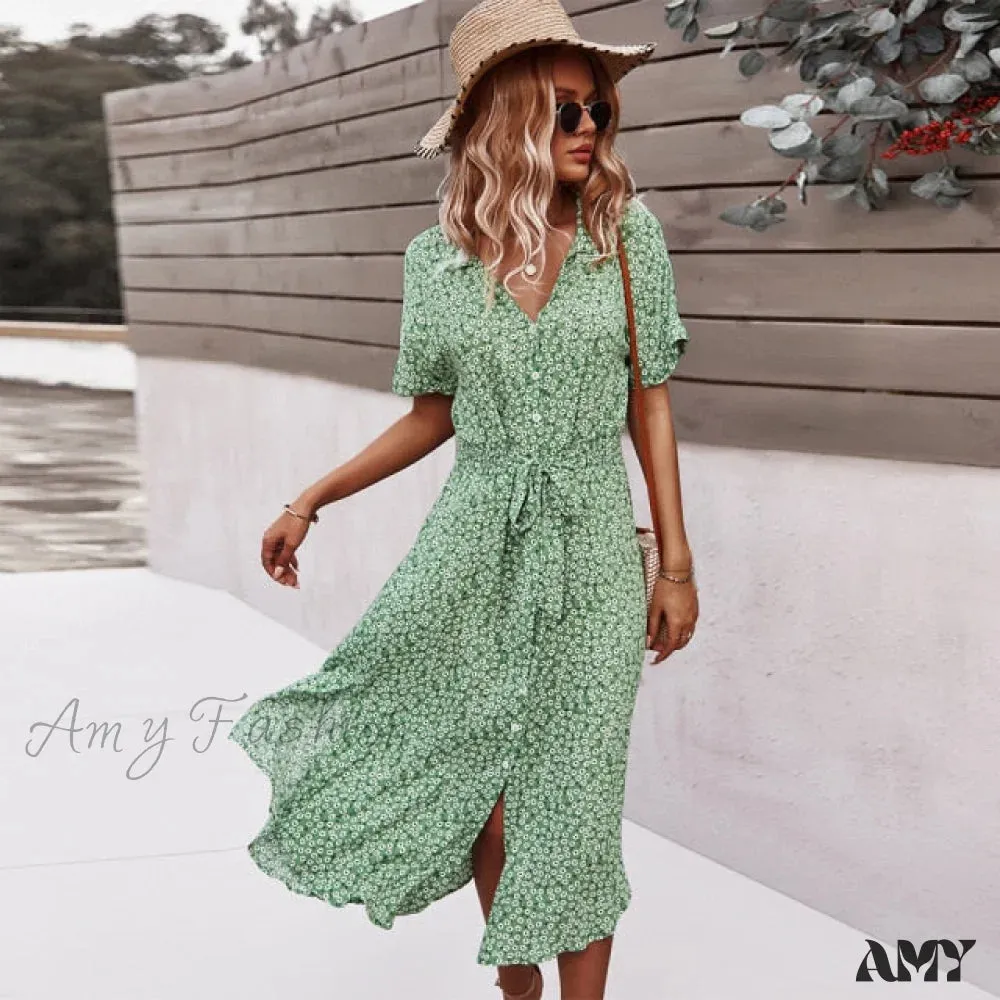 Amy Fashion - Shirt Floral Vintage High Waist Dresses