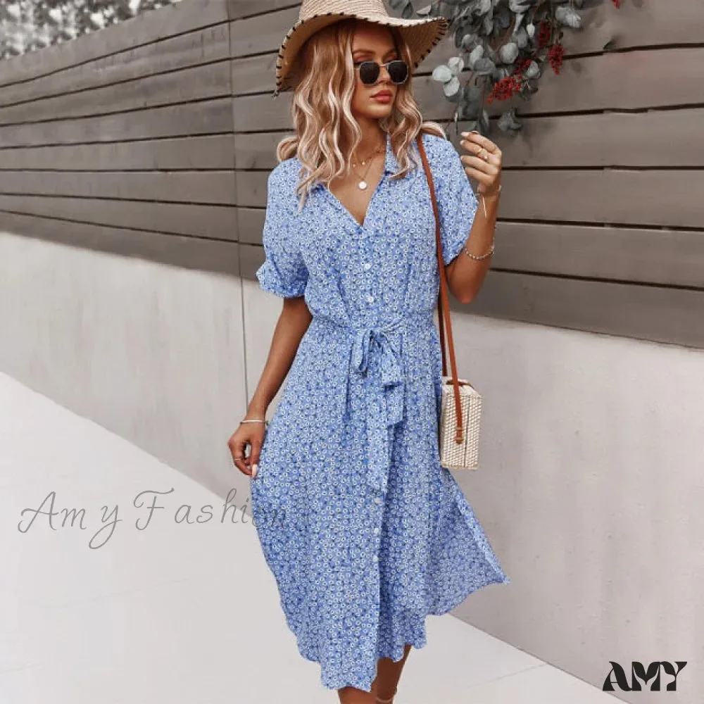 Amy Fashion - Shirt Floral Vintage High Waist Dresses
