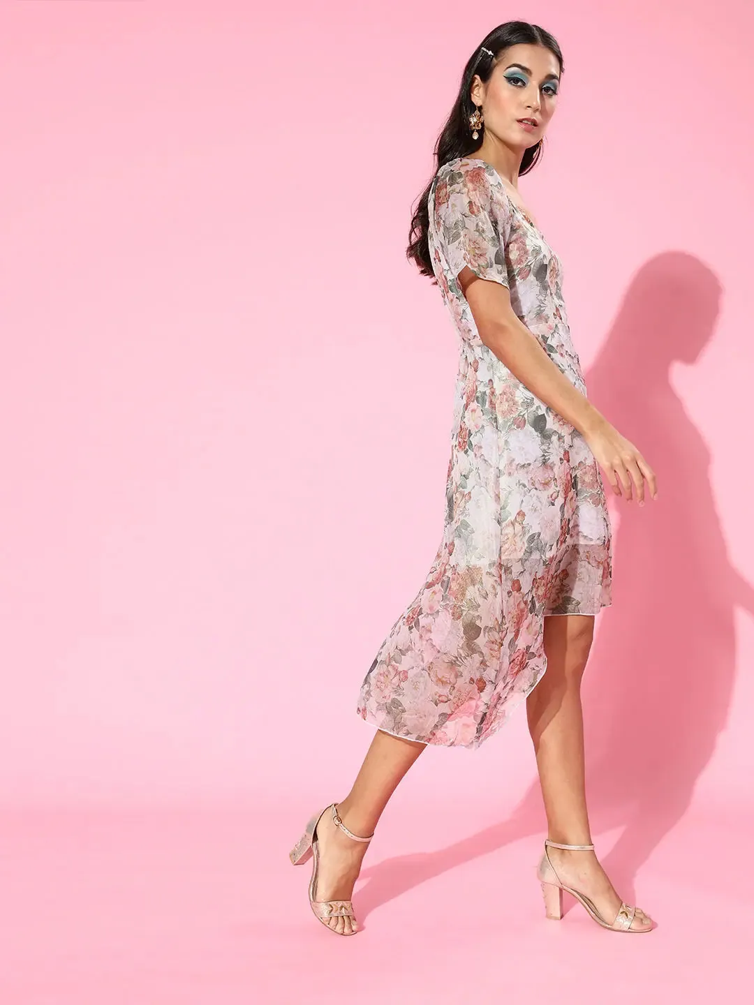 Beige Floral Sweetheart Neck High Low Dress