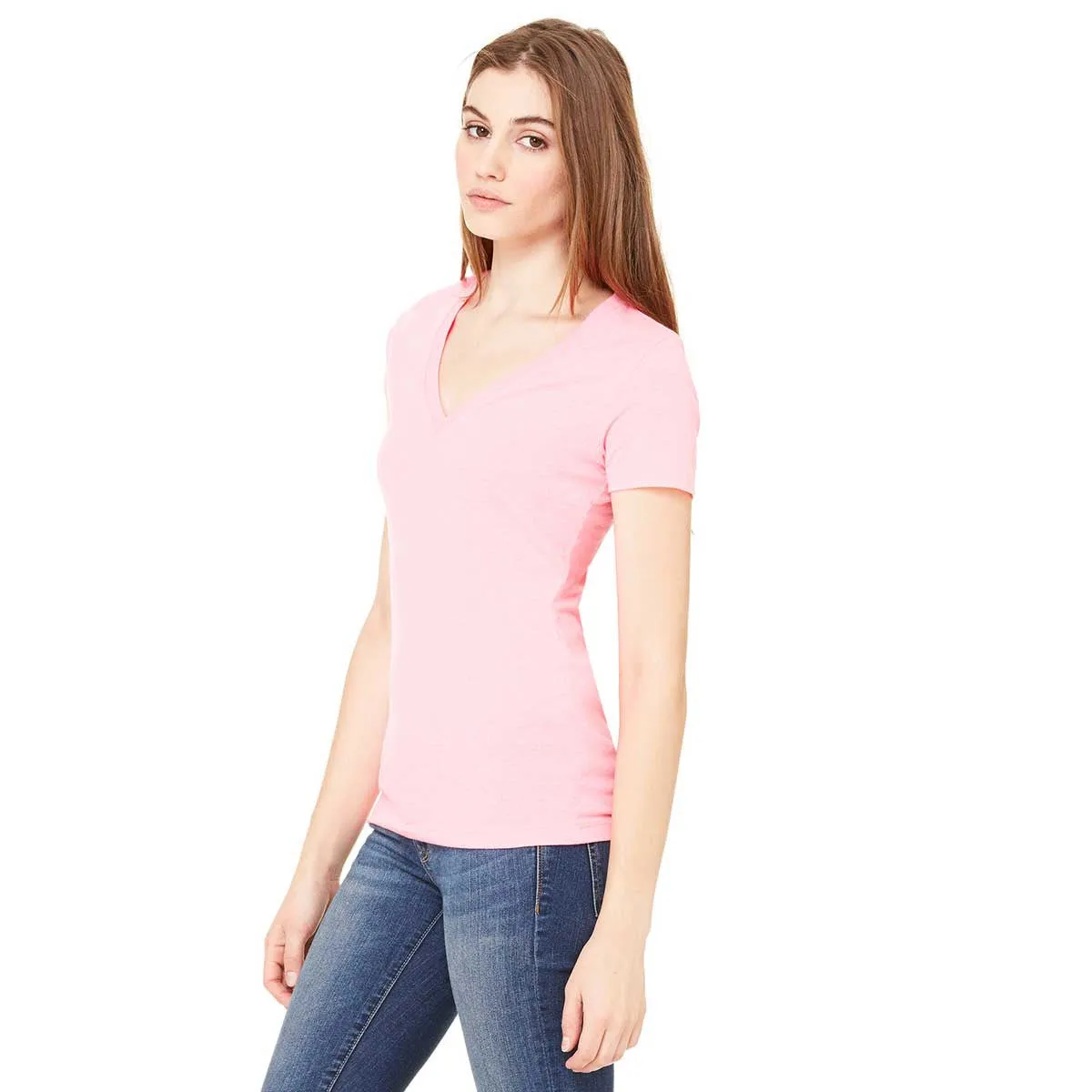 Bella   Canvas Women's Neon Pink Jersey Short-Sleeve Deep V-Neck T-Shirt