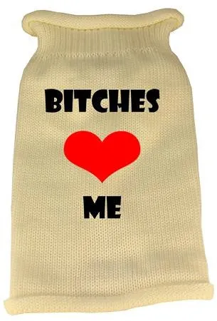 Bitches Love Me Screen Print Knit Pet Sweater XS Cream