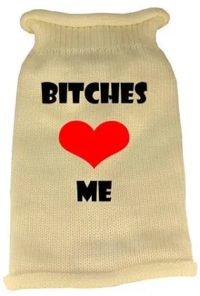 Bitches Love Me Screen Print Knit Pet Sweater XS Cream