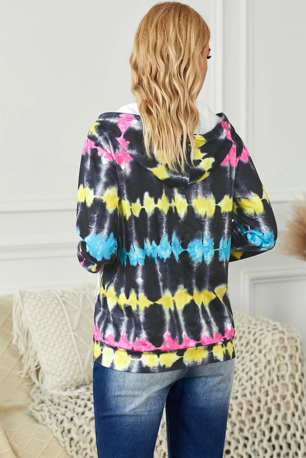 Black Tie Dye Zipper Pocket Hooded Jacket