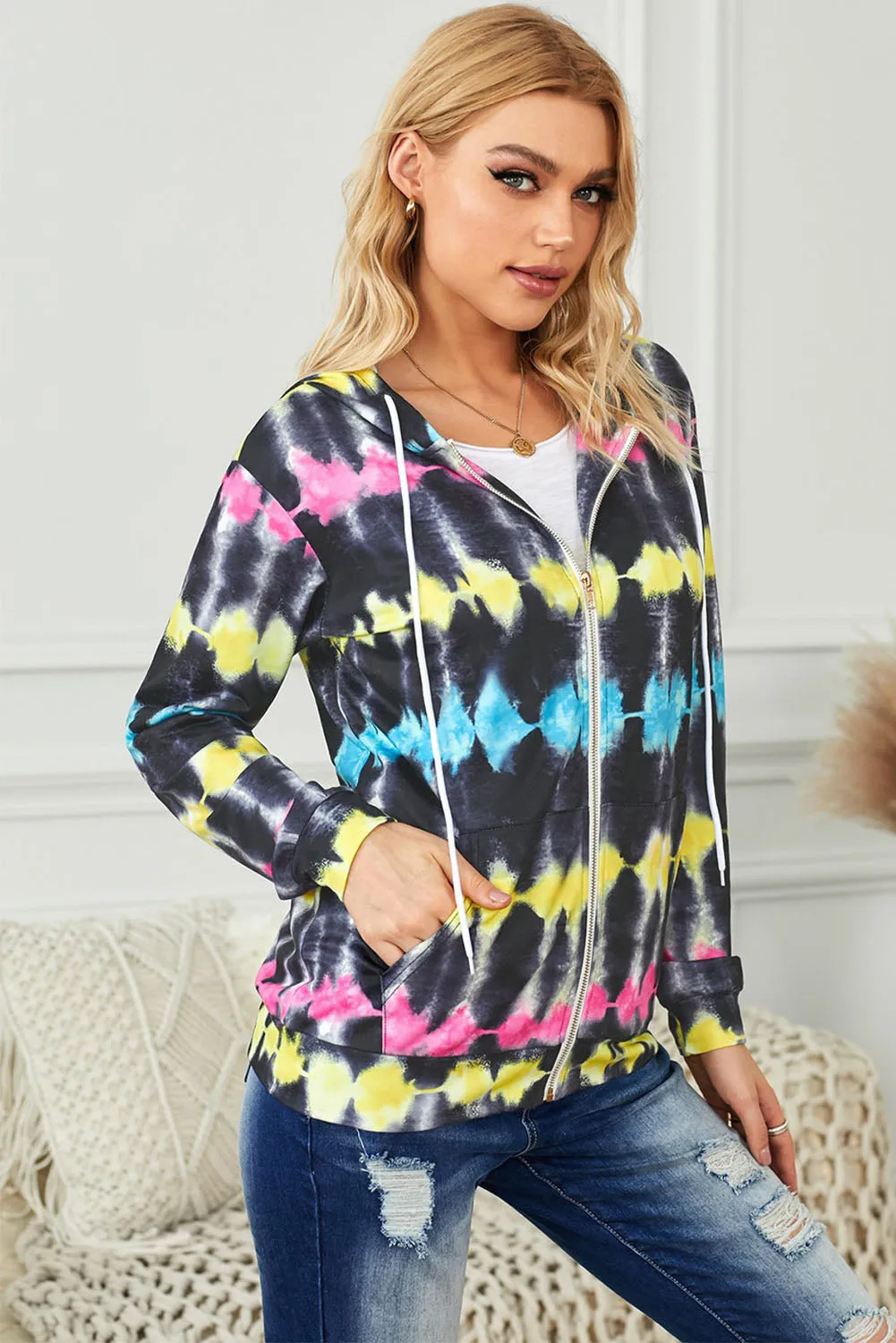 Black Tie Dye Zipper Pocket Hooded Jacket