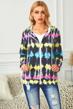 Black Tie Dye Zipper Pocket Hooded Jacket