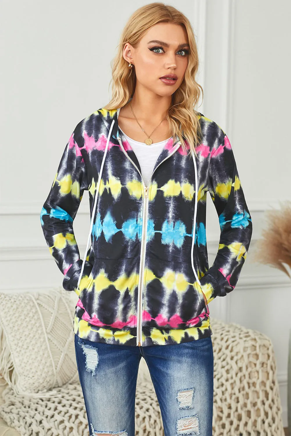 Black Tie Dye Zipper Pocket Hooded Jacket