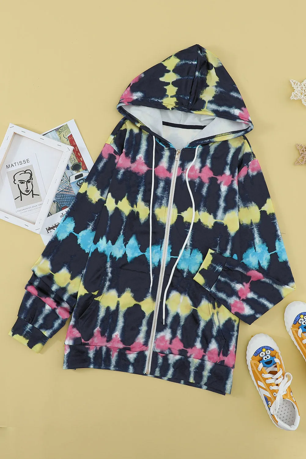 Black Tie Dye Zipper Pocket Hooded Jacket