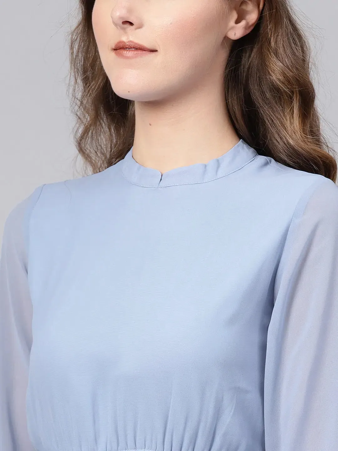 Blue Mandrain Collar Pleated Skater Dress