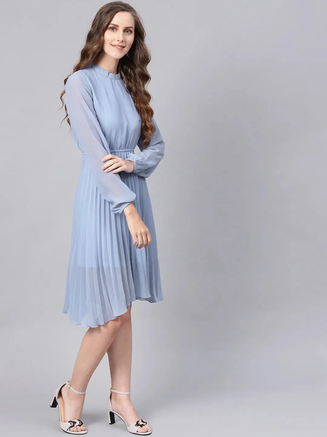 Blue Mandrain Collar Pleated Skater Dress