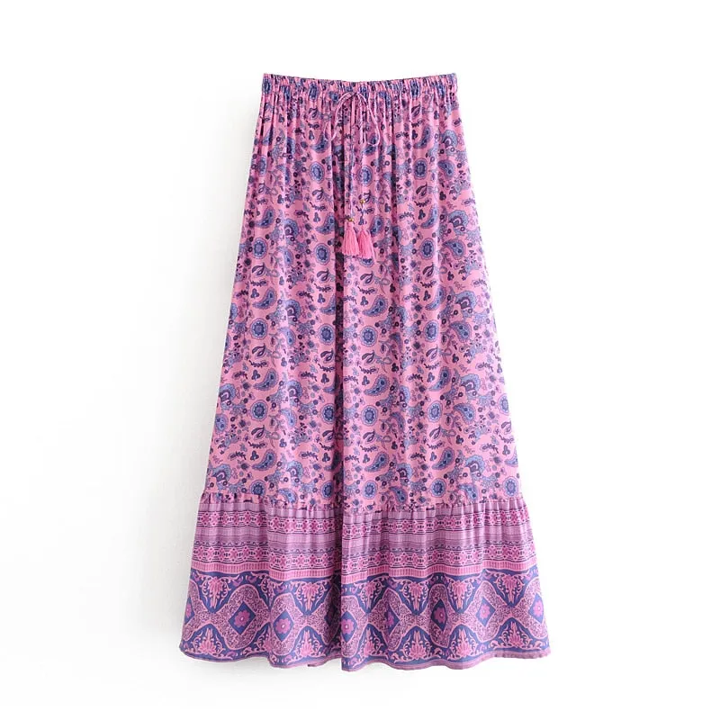 Boho Fashion  Bohemian Floral Print Pleated Rayon Skirt
