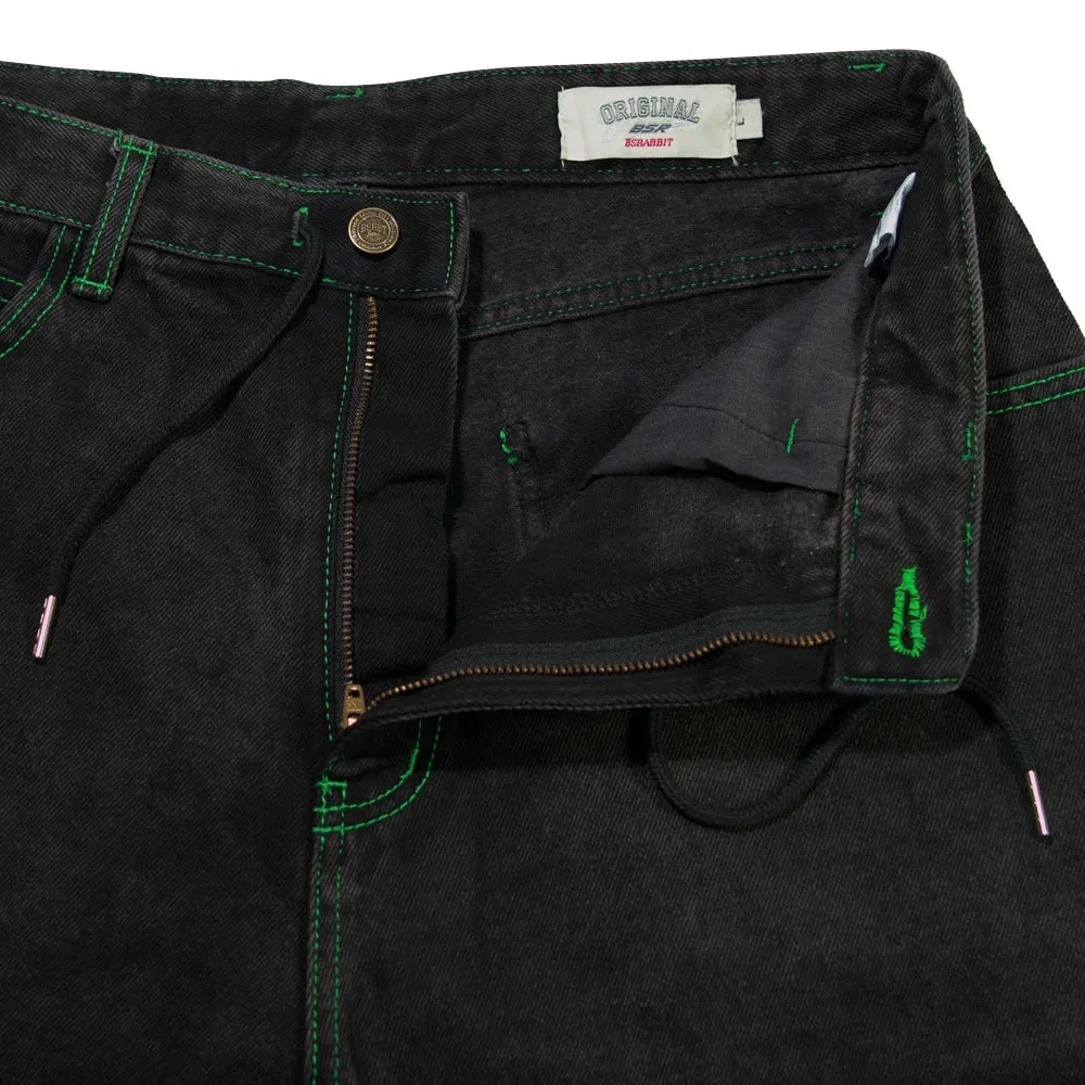 CARPENTER LOOSEFIT DENIM SHORT PANTS BLACK GREEN STITCH