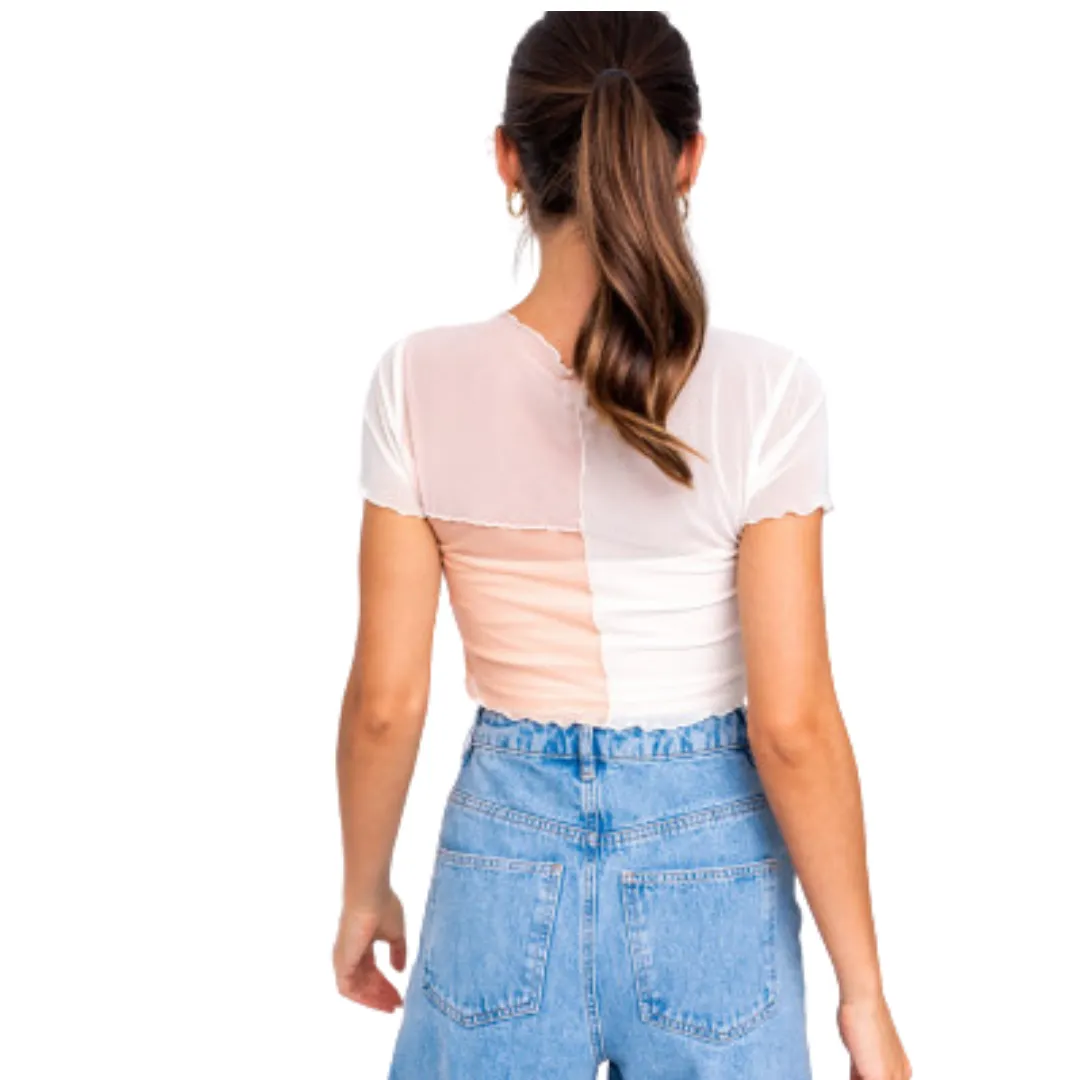 Color Block Mesh Crop Top - Peach