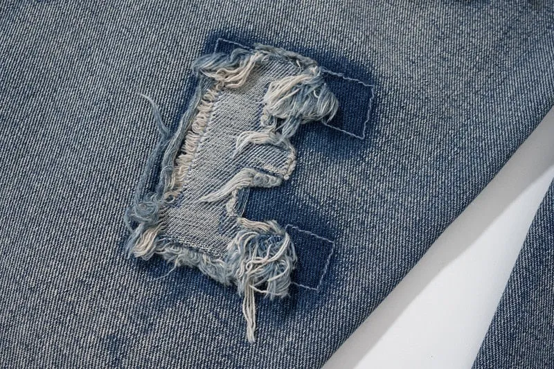 Custom Denim Note Patched Jeans with Slight Distress