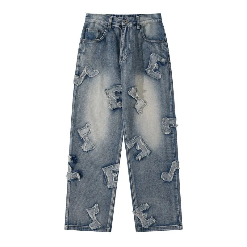 Custom Denim Note Patched Jeans with Slight Distress