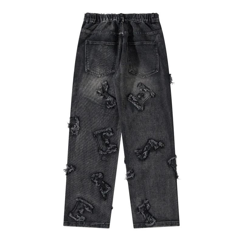 Custom Denim Note Patched Jeans with Slight Distress